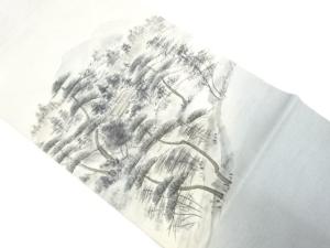 アンティーク　手織り紬　手描き　田舎風景模様名古屋帯